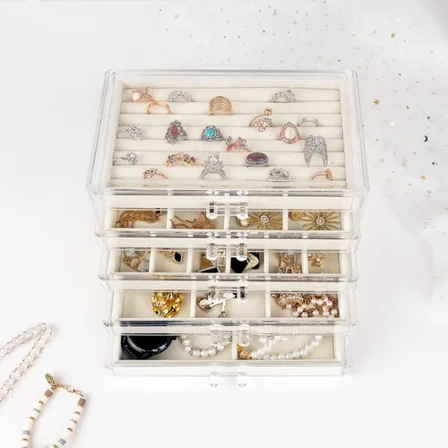 Vista 6 de BeShiny Organizador de joyas de acrílico con 5 cajones, caja de joyería transparente para mujeres y niñas, organizador de joyas de terciopelo