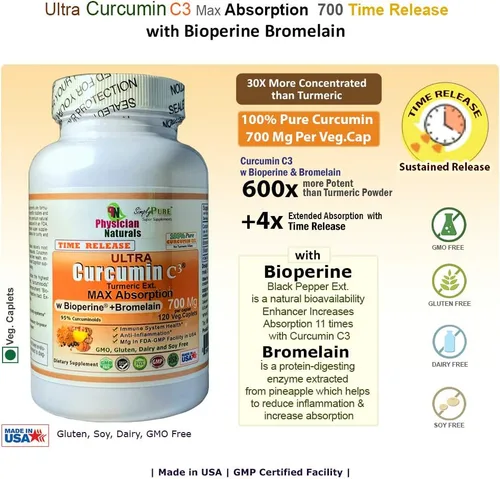 Vista 3 de Ultra Curcumina Tiempo Liberación w Bioperine 700mg 120 Pestañas MAX Absorción