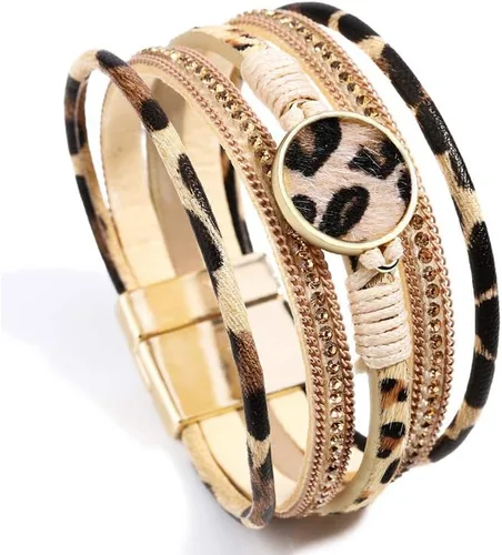 Vista 13 de Fesciory - Pulsera de leopardo para mujer, estilo bohemio de cuero multicapa con perlas de cristal