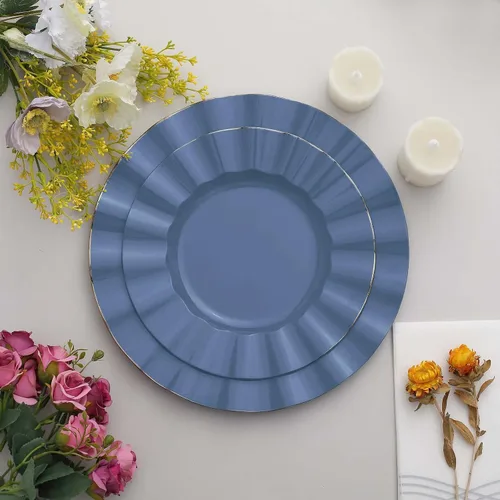 Vista 17 de Tableclothsfactory Paquete de 10 platos redondos de plástico negro de 6 pulgadas para ensalada de postre, platos desechables con borde ondulado