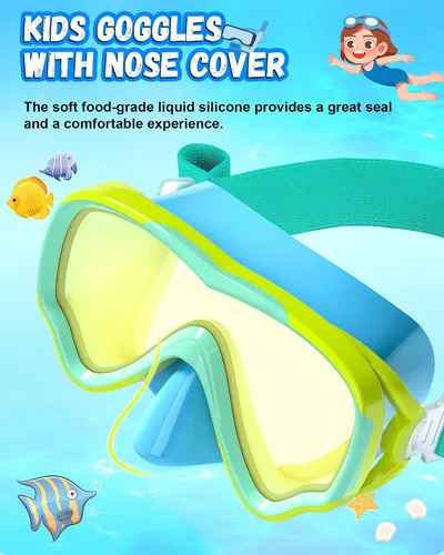 Vista 2 de Gafas de natación para niños con correa de tela para niños de 3 a 15 años, gafas de natación a prueba de fugas con cubierta nasal, vista clara