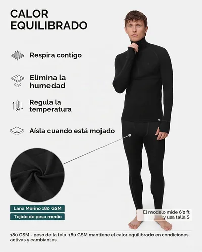Vista 2 de DANISH ENDURANCE Merino Wool Half Zip Base Layer Set Men, Top and Bottom Negro