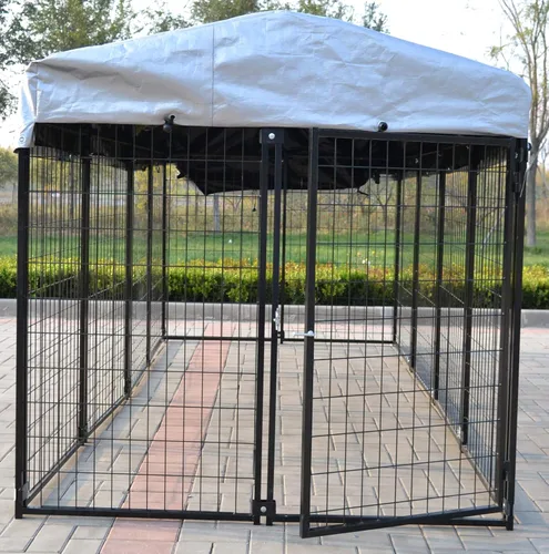 Vista 2 de Nueva Perrera modular para perros, panel de acero soldado resistente, cubierta para mascotas, 5 pies de ancho x 10 pies de largo x 5.5 pies de alto