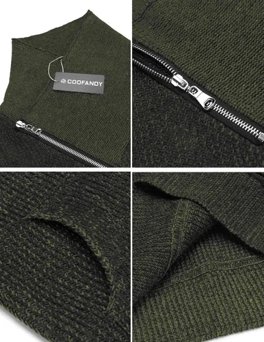 Vista 5 de COOFANDY - Suéteres de cuello chal para hombre de punto con cuello de tortuga, cuello alto, ajustado, con bolsillos Verde militar