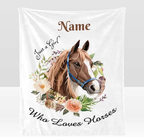 Vista 7 de Manta personalizada con texto en inglés «Just a Girl Loves Hors», manta de forro polar suave con nombre para regalos, sofá cama (50 x 60 pulgadas)
