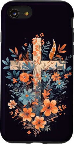 Vista 18 de Boho Floral Christian Cross Jesus God Wild Flower Women Case for iPhone 16