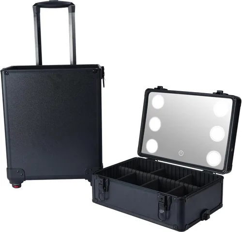 Vista 6 de Karl home estuche de maquillaje 4 en 1, carro de cosméticos rodante, organizador de viaje de gran capacidad con llave, ruedas giratorias 360°