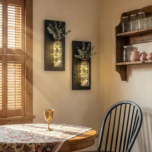 Vista 2 de Heiple Paquete de 2 Maceteros de Pared para Plantas de Interior, Decoración de Madera y Vidrio para Baño, Dormitorio, Sala de Estar, Jarrones