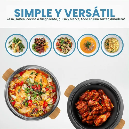 Vista 2 de Aroma Housewares AMC-130 Whatever Pot, parrilla de interior, cocina, olla caliente con tapa de vidrio, asas de bambú, 2.5 L, acero inoxidable/blanco