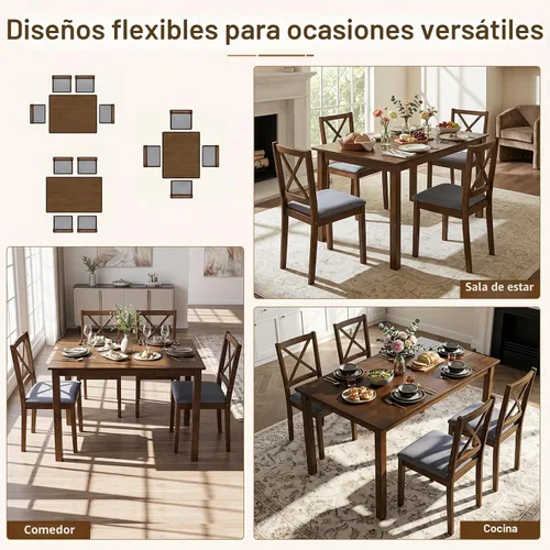 Vista 7 de GIANTEX Juego de mesa de comedor para 4, mesa de cocina de madera con sillas tapizadas