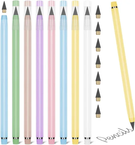 Vista 9 de HOTUT Lápiz infinito, 10 lápices sin tinta Forever con 10 puntas reemplazables y borradores adicionales, lápices sin afilar para estudiantes para 10
