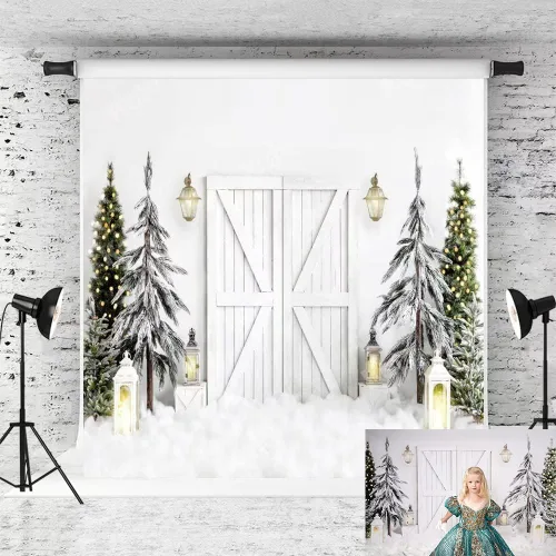 Vista 13 de Kate Telón de fondo de fotos de casa de campo de Navidad, fondo de puerta rosa, nieve blanca, árboles de Navidad, fondo de fotos, accesorios de 5