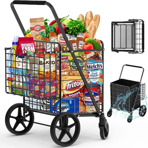 Vista 9 de 【2025𝐍𝐄𝐖】Carrito de compras plegable extra grande de 2 niveles con ruedas, carrito de compras de 400 libras para víveres con 2 cestas extraíbles