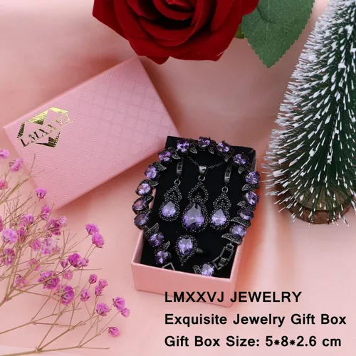Vista 4 de LMXXVJ Juego de joyas para mujer, collar chapado en platino, anillo abierto, aretes, brazalete, para cumpleaños, aniversario, Día de la Madre