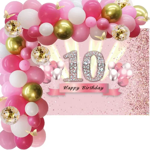 Vista 5 de Decoraciones de cumpleaños número 10 para niñas, cartel de fondo de feliz cumpleaños número 10, cartel de tela para fiesta de 10 años de edad