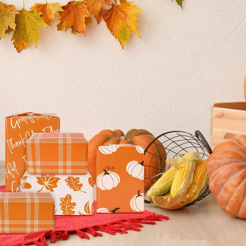 Vista 6 de Whaline 12 hojas de papel de regalo de otoño, hojas de otoño, calabaza, cuadros, papel de regalo de 4 estilos, color naranja y blanco, papel