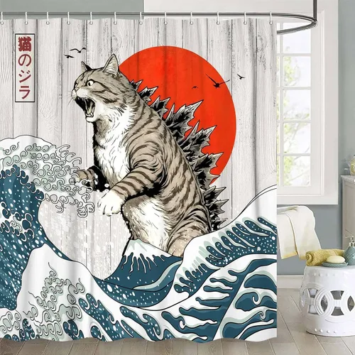 Vista 8 de Divertida Cortina de Ducha de Gato, Cortina de Ducha de Gato Genial con Dinosaurio y Ola Oceánica Japonesa, Cortina de Ducha Divertida de Gato