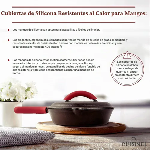 Vista 5 de Cuisinel Sartén de hierro fundido con tapa, juego de sartén cubierta pre-sazonada de 8 pulgadas + mango de silicona y soportes de tapa +