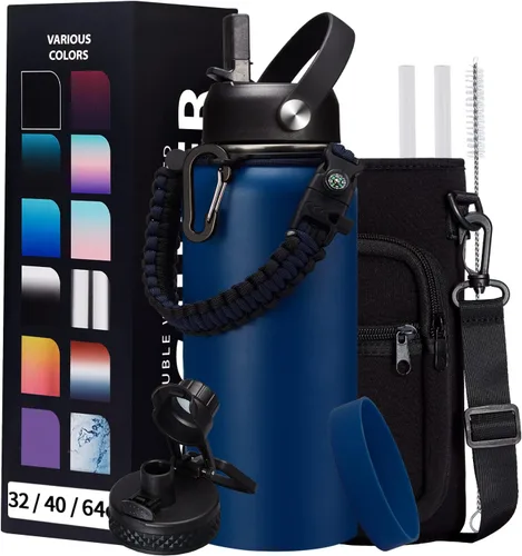 Vista 56 de Botella de agua aislada de 1 galón, con popote y tapa de pico automático, mango de paracord, funda para botella, botella de agua de acero inoxidable