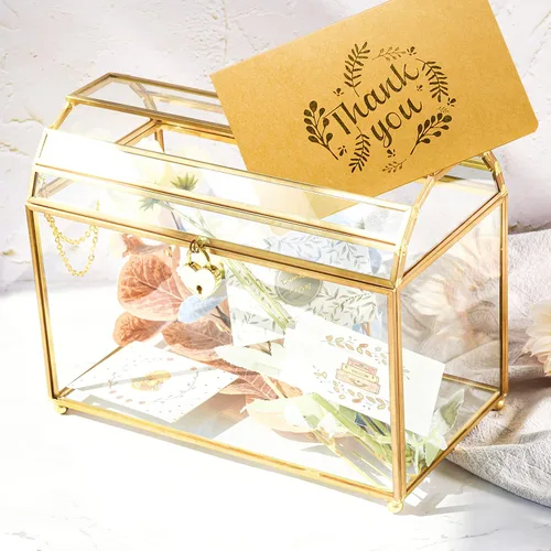 Vista 2 de Caja para tarjetas de regalo de boda con cerradura y ranura, caja de cristal dorado para boleta, donación, rifa/recepción, cerradura de seguridad