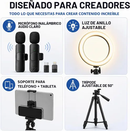 Vista 4 de Acuvar Kit de vlogging con trípode de luz de anillo – Kit de creación de contenido para iPhone, Android y tabletas, micrófono, control remoto