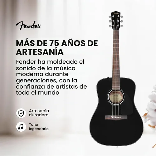 Vista 8 de Fender CD-60 Dreadnought - Guitarra acústica - Paquete negro con estuche duro, correa, afinador, cuerdas, púas, libro de instrucciones, lecciones