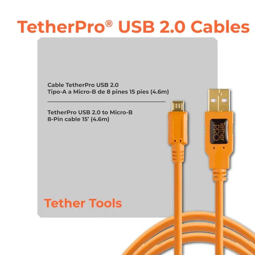 Vista 2 de Tether Tools TetherPro - Cable USB 2.0 a USB Micro-B de 5 pines, para transferencia rápida entre cámara y computadora, naranja de alta visibilidad