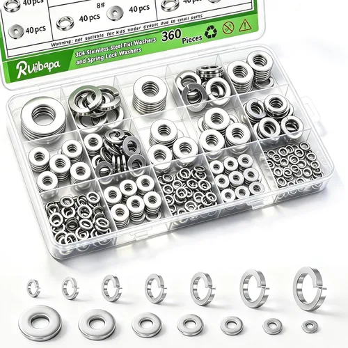 Vista 8 de Kit surtido de arandelas planas de acero inoxidable 304 de 270 piezas, 8 Plateado