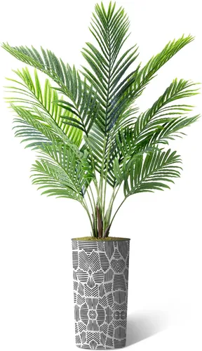 Vista 2 de Árbol artificial en maceta con patrón geométrico contemporáneo, palmera tropical areca artificial de seda para decoración del hogar en interiores