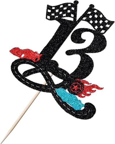 Vista 7 de Decoración para tartas de cumpleaños número 13, decoración para tartas de trece años con purpurina rápida, bandera a cuadros, pista de carreras