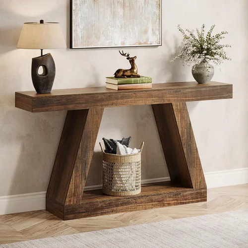 Vista 12 de Tribesigns Mesa consola de granja, mesa de sofá rústica de 55 pulgadas con almacenamiento, mesa de entrada de madera industrial para pasillo, sala