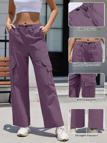 Vista 5 de PITINAN Pantalones cargo para mujer, de cintura alta, holgados, casuales, con bolsillos, rectos, pierna ancha, pantalones militares de combate Y2K