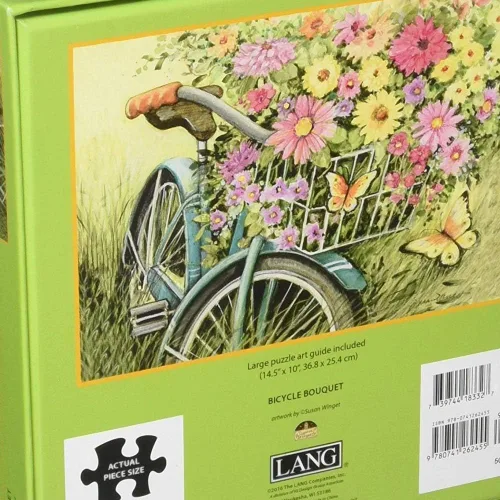 Vista 2 de Lang - Rompecabezas de 1000 piezas -Boquet de bicicleta, obra de arte de Susan Winget - Acabado de lino - 29Ó x 20" Completado