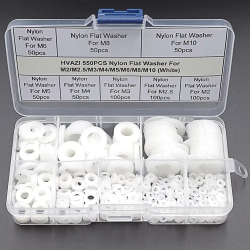 Vista 7 de Kit surtido de arandelas planas métricas M2-M10 de nailon blanco de 550 piezas Separadores de juntas aislantes de plástico para tornillos M2 M2.5
