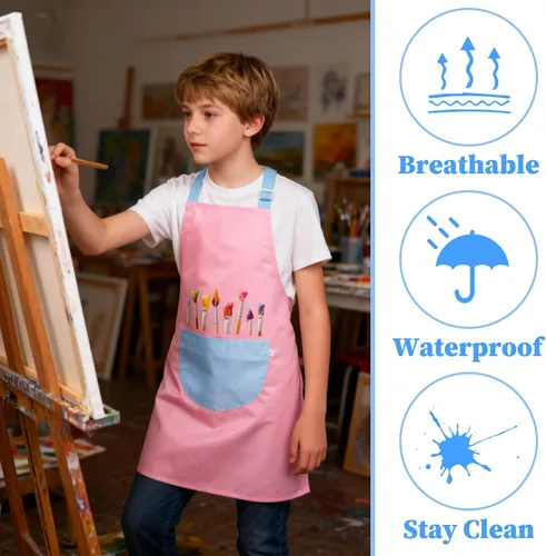 Vista 4 de Paquete de 2 delantales de pintura para niños, impermeables, delantales ajustables para niñas y niños, delantales artísticos con bolsillos