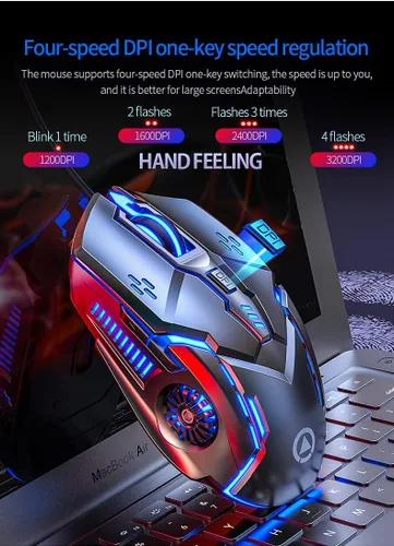 Vista 4 de Ratón para juegos con cable, USB óptico para ordenador con retroiluminación RGB, 4 DPI, clic silencioso, ratón ergonómico para ordenador portátil