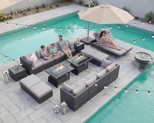 Vista 14 de NICESOUL Juego de muebles de patio de ratán extra grande con mesa para fogata de gas y propano, 29.3 pulgadas, respaldo alto, cómodos conversaciones