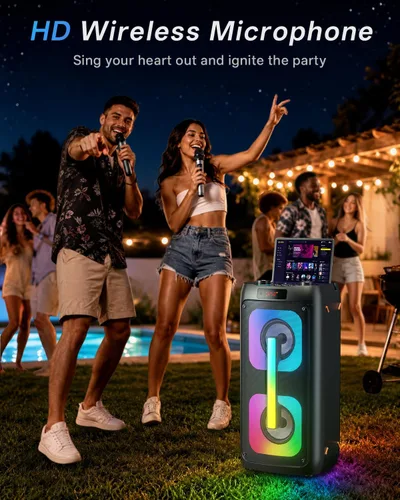 Vista 8 de Máquina de karaoke con 2 micrófonos inalámbricos, sistema PA portátil con luces LED, Bluetoot 5.3, altavoz de fiesta compatible con tipo C, USB