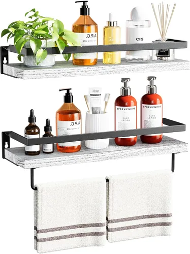 Vista 10 de AMADA HOMEFURNISHING AMFS01B - Estantes de baño con toallero, estantes flotantes, estantes de pared para baño/sala de estar/cocina/dormitorio