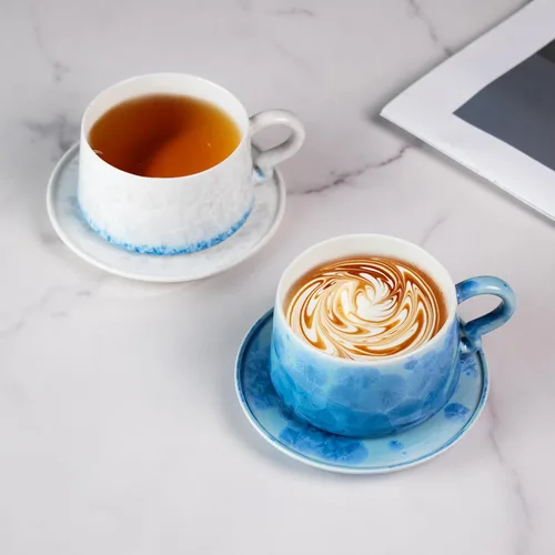 Vista 3 de Juego de 2 tazas de té y platillos KAMMAK, tazas de café de porcelana, 7.5oz tazas de expreso con esmalte cristalino, tazas de cerámica demitaza