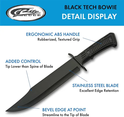 Vista 2 de SZCO Cuchillo Bowie de hoja completa de 15 pulgadas - Cuchillo negro para acampar con mango de goma, hoja de acero inoxidable y funda para caza