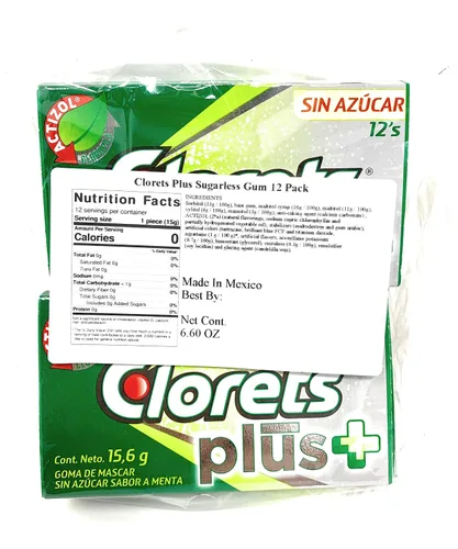 Vista 2 de Clorets Plus Goma de mascar sin azúcar, sabor menta (12 piezas de goma de mascar por paquete)