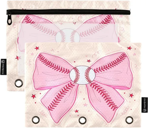 Vista 40 de Estuche de béisbol blanco para lápices de 3 anillas, paquete de 2 carpetas para lápices, estuche transparente con cremallera, bolsa de cosméticos