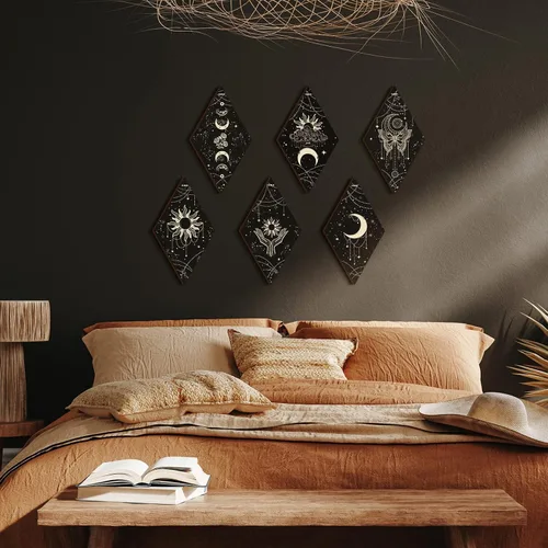 Vista 6 de Qunclay 6 piezas de decoración de pared de fase lunar negro dorado fases solares bruja, mariposa gótica, arte de pared de 11.8 x 6.7 pulgadas