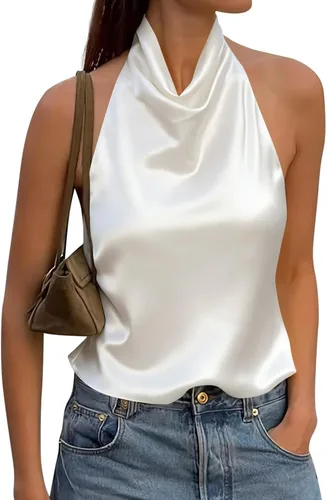 Vista 12 de Cicy Bell Camiseta de satén con cuello halter para mujer, sin espalda, Y2K Amarillo
