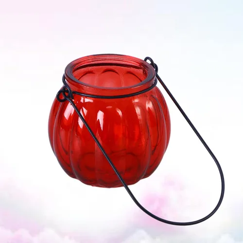 Vista 3 de Portavelas de vidrio para té de vidrio, portavelas votivas, soporte para velas de té de calabaza, candelabros colgantes para festivales, bodas, Rojo