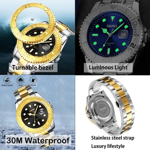 Vista 4 de SKMEI Watch for Men Waterproof Fashion Casual Silver Stainless Steel Big Face Analog Quartz Luminous Luxury Dress Business Dad Father Gift Green