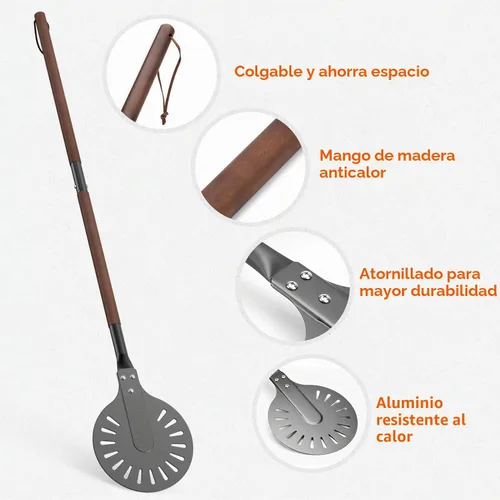 Vista 3 de Pala giratoria de pizza de aluminio perforado de 8 pulgadas con mango de madera, espátula de pizza de longitud ajustable 2 en 1, 48 pulgadas