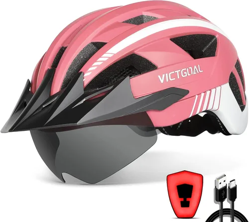Vista 12 de VICTGOAL Casco de bicicleta con luz trasera recargable por USB, gafas magnéticas desmontables, visera solar extraíble, cascos de bicicleta de Negro