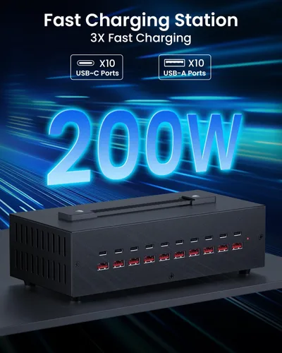 Vista 3 de Estación de carga USB-C de 200W, bloque de cargador USB de 20 puertos (10 USB A y 10 USB-C), estación de carga rápida para múltiples dispositivos